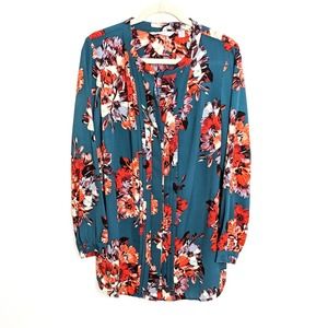 Isaac Mizrahi Live Blouse Womens 18W Button Floral Teal Orange Long Sleeve Shirt